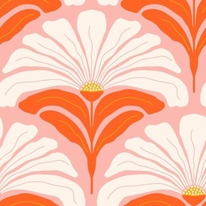 Retro Floral Scallops - Red orange on pink