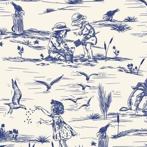Vintage Kids at the seaside - Toile de Jouy - Retro Summer - Beige and Blue - SMALL size 