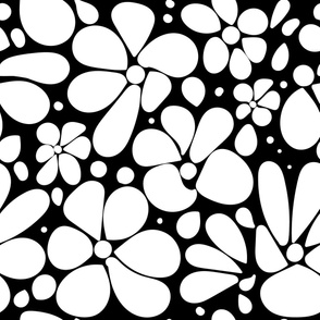 Fun Wonky Flowers - White On Black - Large Scale.