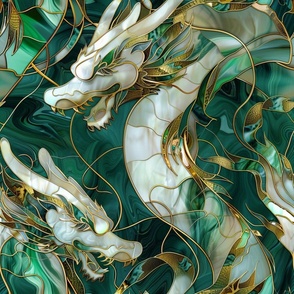 Twin Emerald Shimmering Glass Dragons / Fabric / Wallpaper / Home Decor / Upholstery / Clothing