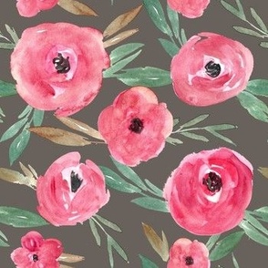 rosy red abstract watercolor roses on brown gray