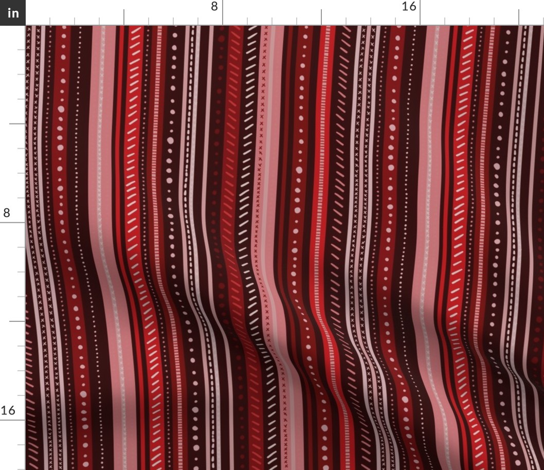 uneven monochromatic stripes with decorative hand drawn detail in burgundy