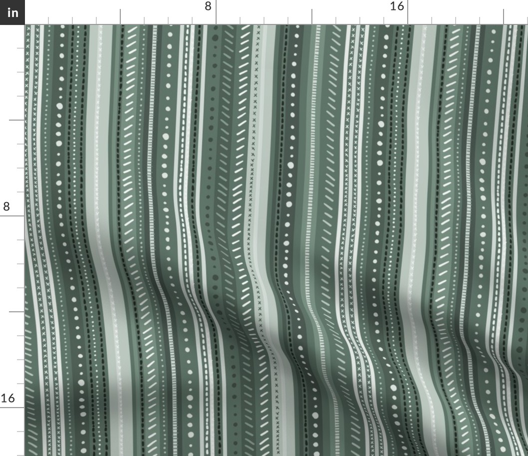 uneven monochromatic stripes with decorative hand drawn detail in dark jade