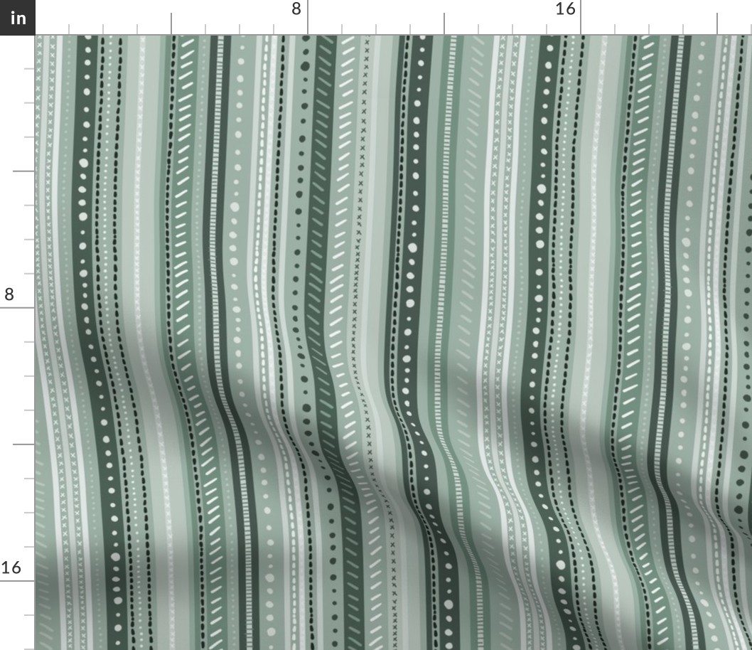 uneven monochromatic stripes with decorative hand drawn detail in light jade