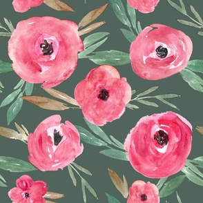 rosy red abstract watercolor roses on dark green