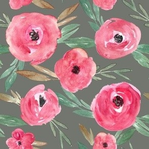 rosy red abstract watercolor roses on gray green