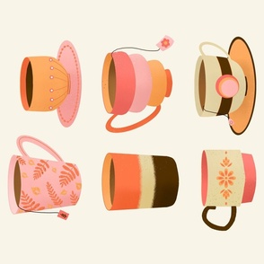 Retro tea cups tea towel - orange, pink and brown