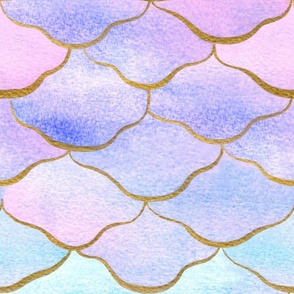 Large Watercolor Mermaid Scales with Faux Gold Stylised Lines and Ombre Aqua, Blue , Pink and Purple Color