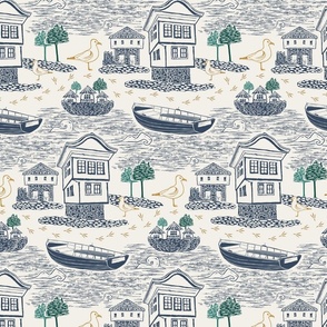 (S) Linocut Lake House with Boat Toile blue on cream classic nursery wallpaper SMALL
