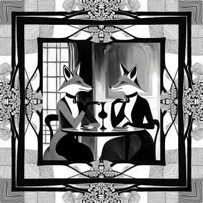 21'' Vintage Animal Art: Two Talkative Foxes at a Table | Animal Art | Black and White Illustration