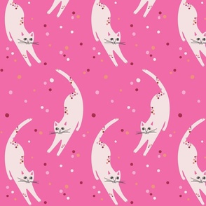 Happy Cream Kitty Cat on Hot Pink background with multi-colored  polka dots