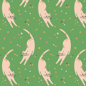 Happy Cream Kitty Cat on Green background with multi-colored polka dots