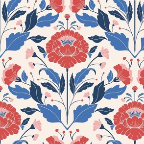 Giant red and blue florals, modern damask