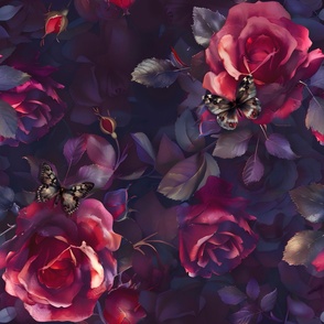 Moody Gothic Floral with Butterflies in Berry Colors XL red roses
