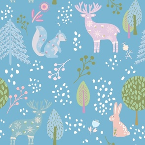 Winter woodland bright blue large 21x21” pattern repeat