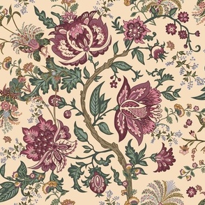 Vintage Indian Floral Chintz // Indienne Chinoiserie // Pink and Green, Rose Cream