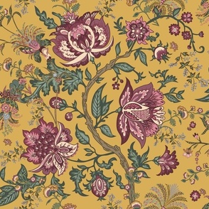 Vintage Indian Floral Chintz // Indienne Chinoiserie // Pink and Green, Gold 