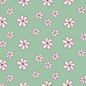 70's hand drawn little daisy flowers on green