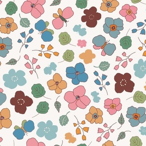 playful tossed ditty small spring flowers, grren and pink, blue and brown, on cream