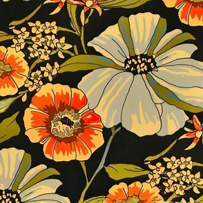 Black background beige and orange flowers XL