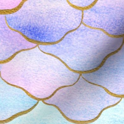 Medium Watercolor Mermaid Scales with Faux Gold Stylised Lines and Ombre Aqua, Blue , Pink and Purple Color