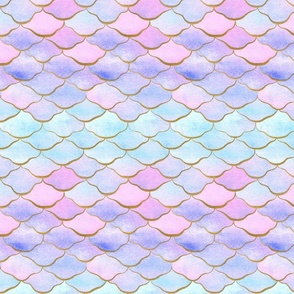 Small Watercolor Mermaid Scales with Faux Gold Stylised Lines and Ombre Aqua, Blue , Pink and Purple Color