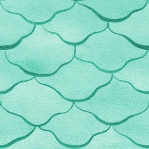 Large Watercolor Monochrome Aquamarine Green Mermaid Fish Scales with Faux Glittery Stylised Lines