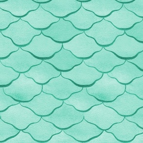 Medium Watercolor Monochrome Aquamarine Green Mermaid Fish Scales with Faux Glittery Stylised Lines