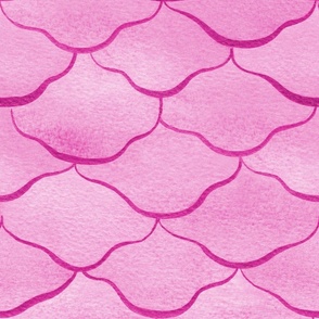 Large Watercolor Monochrome Hot Pink Mermaid Fish Scales with Faux Glittery Stylised Lines