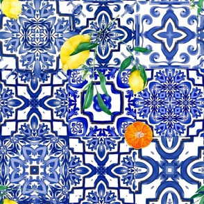 Blue tiles,mosaic,majolica art ,lemon ,citrus,