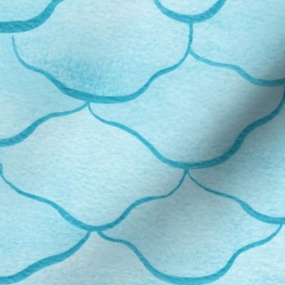 Medium Watercolor Monochrome Turquoise Blue Mermaid Fish Scales with Faux Glittery Stylised Lines
