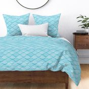 Medium Watercolor Monochrome Turquoise Blue Mermaid Fish Scales with Faux Glittery Stylised Lines
