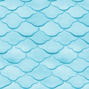 Medium Watercolor Monochrome Turquoise Blue Mermaid Fish Scales with Faux Glittery Stylised Lines