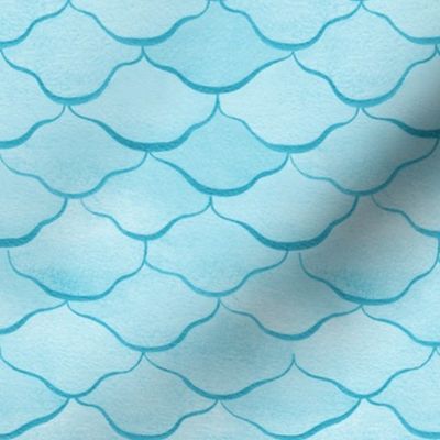 Small Watercolor Monochrome Turquoise Blue Mermaid Fish Scales with Faux Glittery Stylised Lines