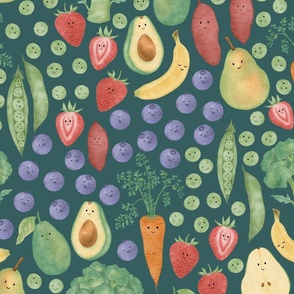Playful produce| Cute fruits and vegetables| Kids clothing| Kitchen|  Dark blue| large scale
