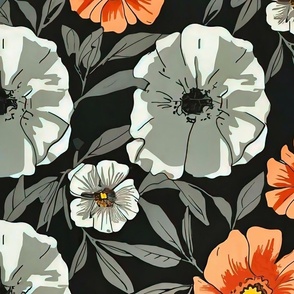 Grey and orange flowers black background