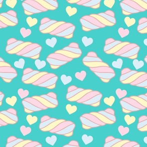 Pastel Marshmallow Candy on Blue Background with Hearts