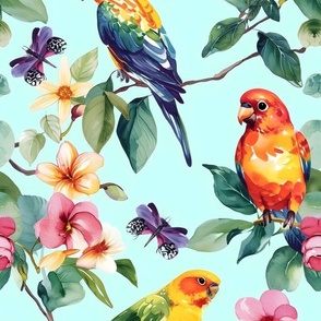 Birds and flowers on light turquoise