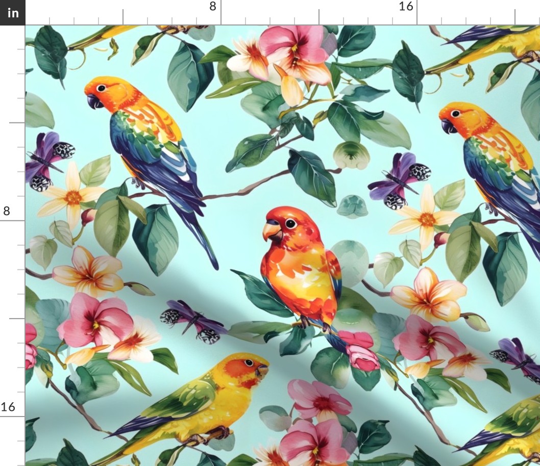 Birds and flowers on light turquoise