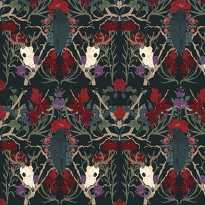 Moody Dark Academia Gothic Floral Damask in Jewel Tones // Ravens, Snakes, Skulls // Large Scale