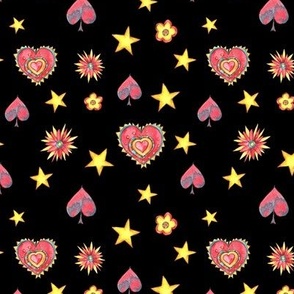 Watercolor red hearts and stars on black