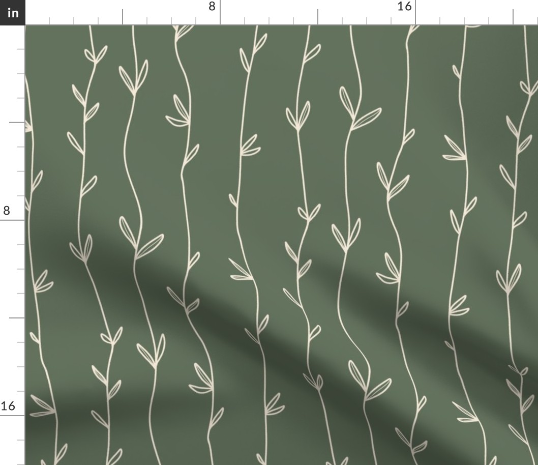 Boho Modern Vines Floral Moody Stripes Wallpaper In Forest green