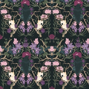 Moody Dark Academia Gothic Floral Damask in Deep Green, Pink and Purple // Ravens, Snakes, Skulls // Large Scale