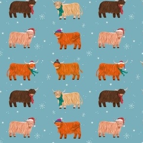 (M) Highland Cows Christmas Snowflakes on Duck Egg Blue