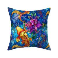 brilliant blue pond of blue and orange gold koi fish