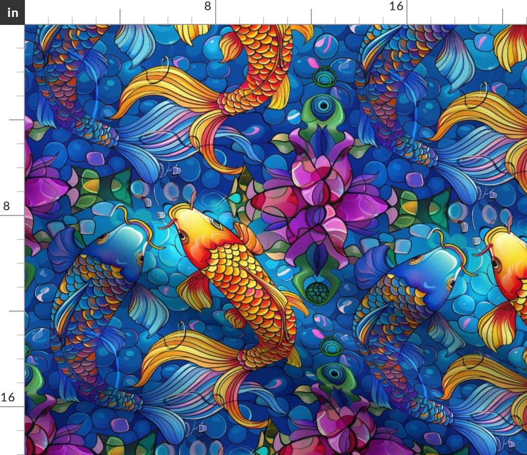 brilliant blue pond of blue and orange gold koi fish