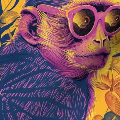 cool hip purple  monkey in glasses in an orange jungle