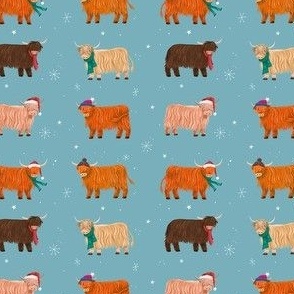 (S) Highland Cows Christmas Snowflakes on Duck Egg Blue