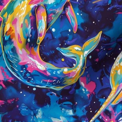 watercolor neon narwhals in nautical space under the sea