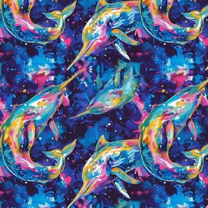 watercolor neon narwhals in nautical space under the sea